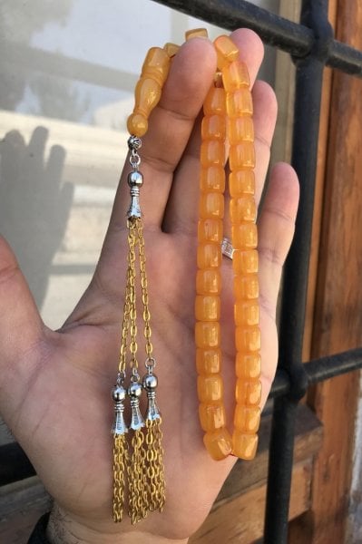 Yoğun Hareli Sarı Renk Kapsül Kesim İran Bağası Kehribar Tesbih
