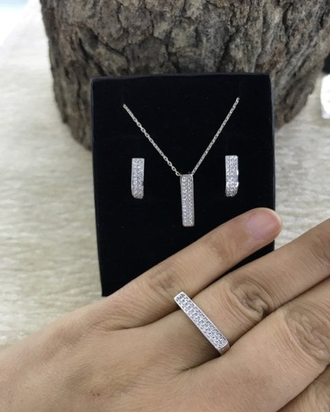 Zirkon İşlemeli Çubuk Model, 925 Ayar Gümüş, Bayan Üçlü set