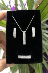 Zirkon İşlemeli Çubuk Model, 925 Ayar Gümüş, Bayan Üçlü set