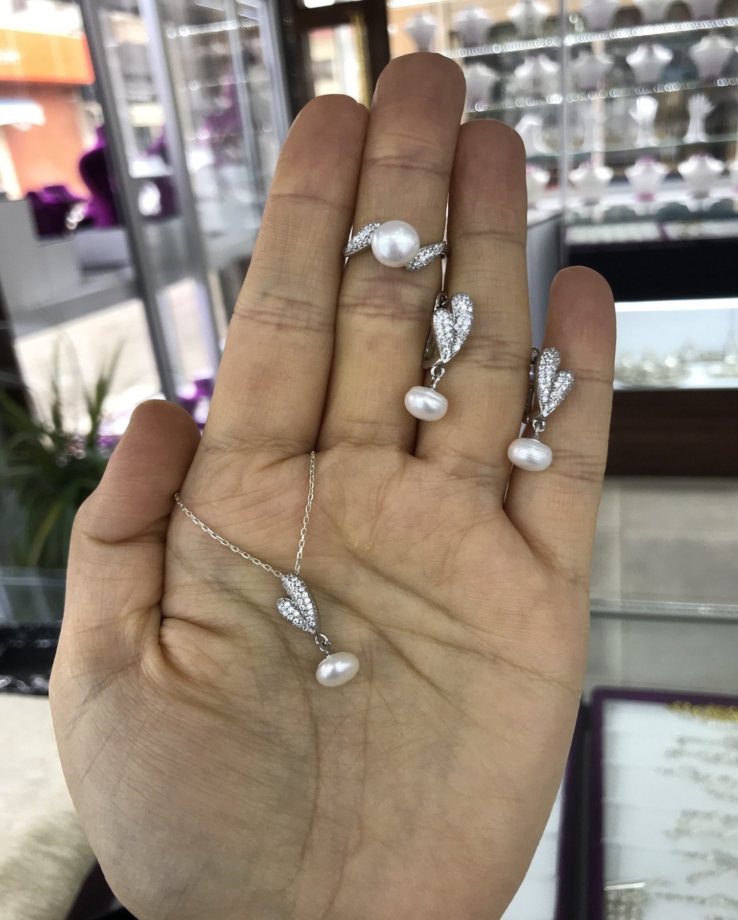 Yapraklı İnci Model 925 Ayar Gümüş Bayan Üçlü Set