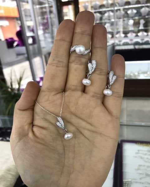 Yapraklı İnci Model 925 Ayar Gümüş Bayan Üçlü Set
