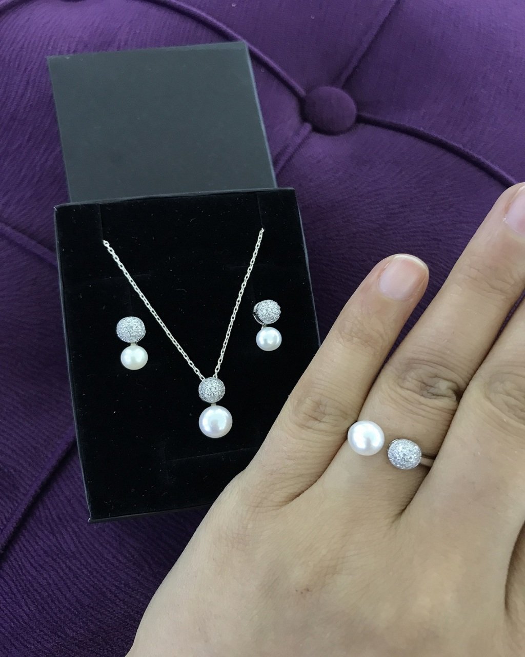 Toplu Zirkon Taşlı, İnci Model, 925 Ayar Gümüş, Bayan Üçlü set