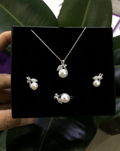 925 Ayar gümüş, İncili Model , Bayan Üçlü Set