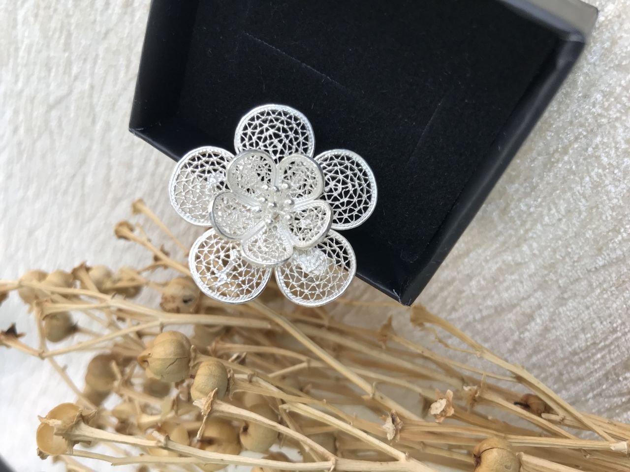 El İşi Telkâri Çiçek Model 925 Ayar Gümüş Broş