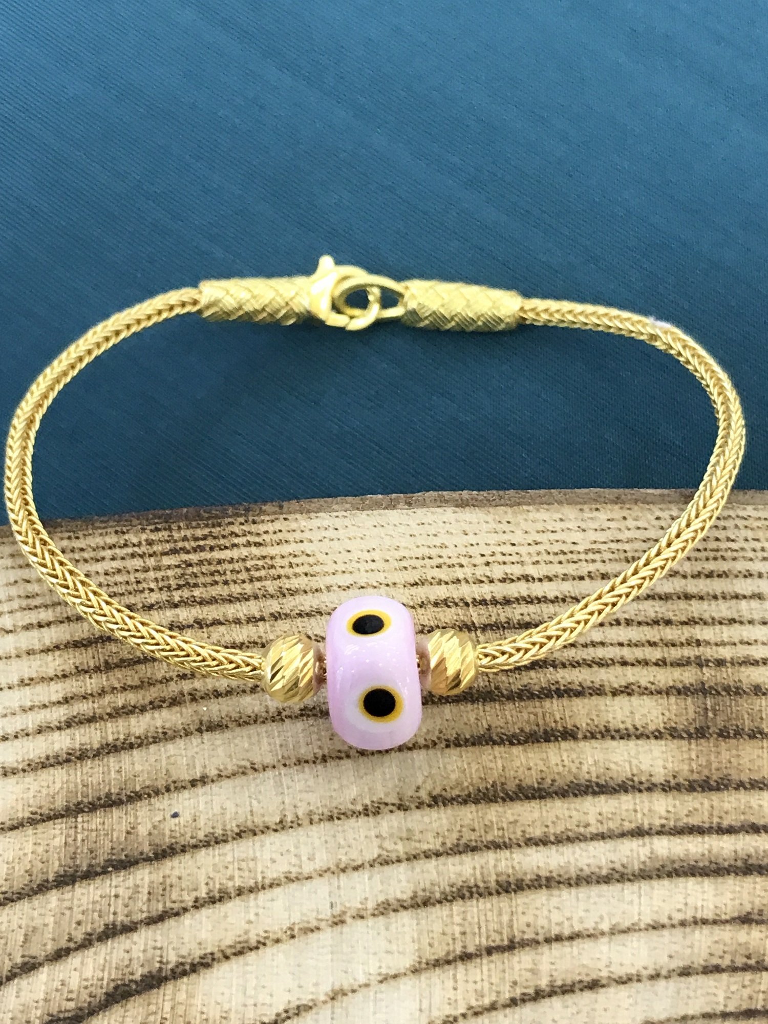 1000 Ayar Gümüş Altın Yaldızlı Sedef Renk Nazar Kazaziye Bileklik 18 cm