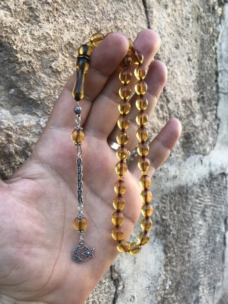 Beyzi Kesim Şeffaf Sarı Tonda Orijinal Sıkma Kehribar Tesbih