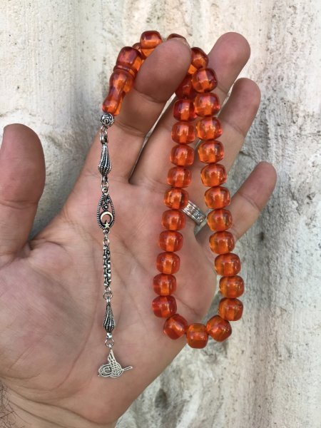 Sarı Renk  Basık Küre Model İran Bağası Toz Kehribar Tesbih
