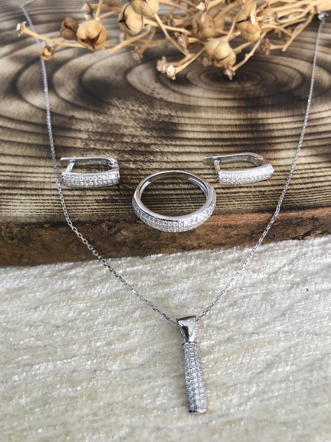 925 Ayar  Saf Gümüş Zirkon Taşlı Üçlü Bayan Set