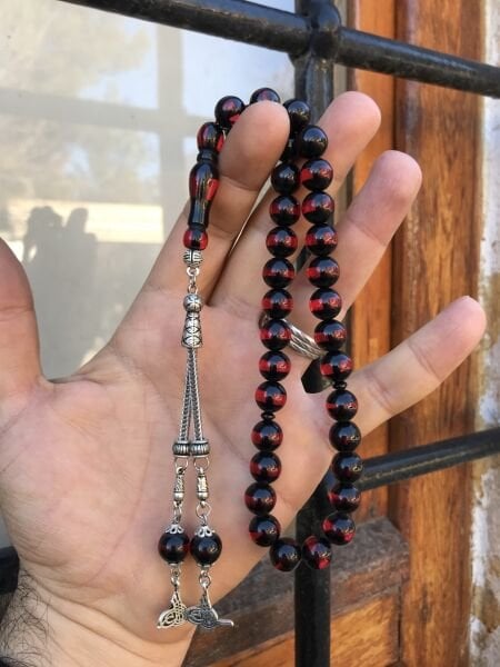 Kırmızı Sürmeli Model Küre Kesim Toz Kehribar Tesbih