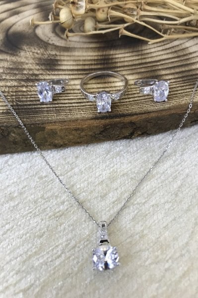 925 Ayar  Saf Gümüş Zirkon Taşlı Oval Tektaş Çiçek Model Üçlü Bayan Set