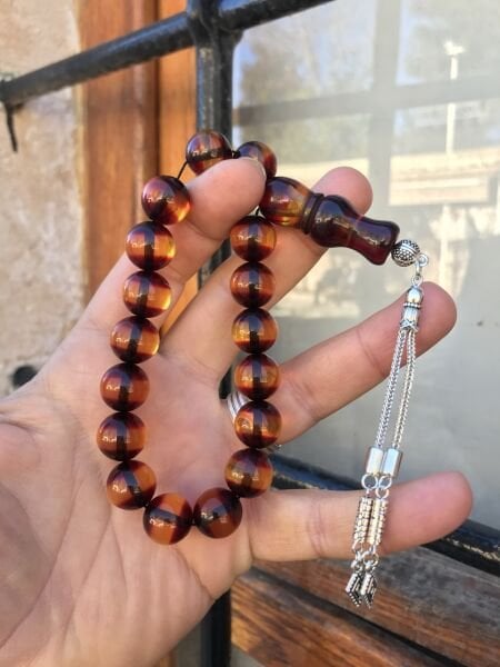 Sürmeli Bal Rengi Küre Kesim Toz Kehribar Tesbih