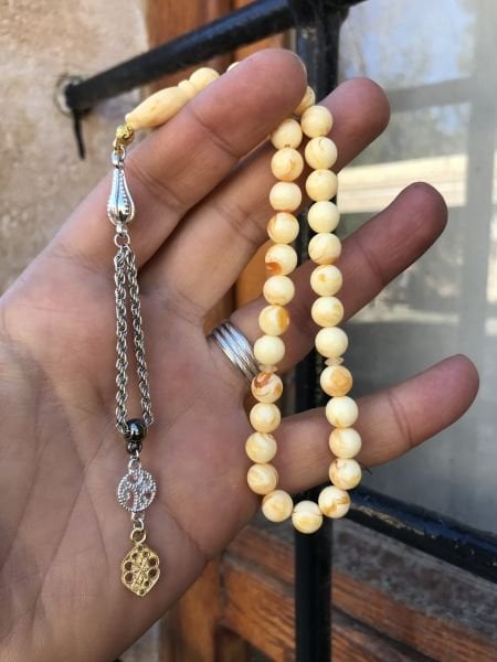 Sarı Hareli Model Küre Kesim Toz Kehribar Tesbih