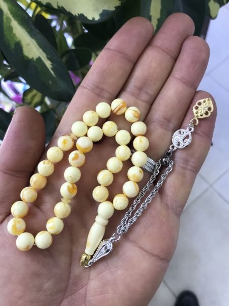 Sarı Hareli Model Küre Kesim Toz Kehribar Tesbih