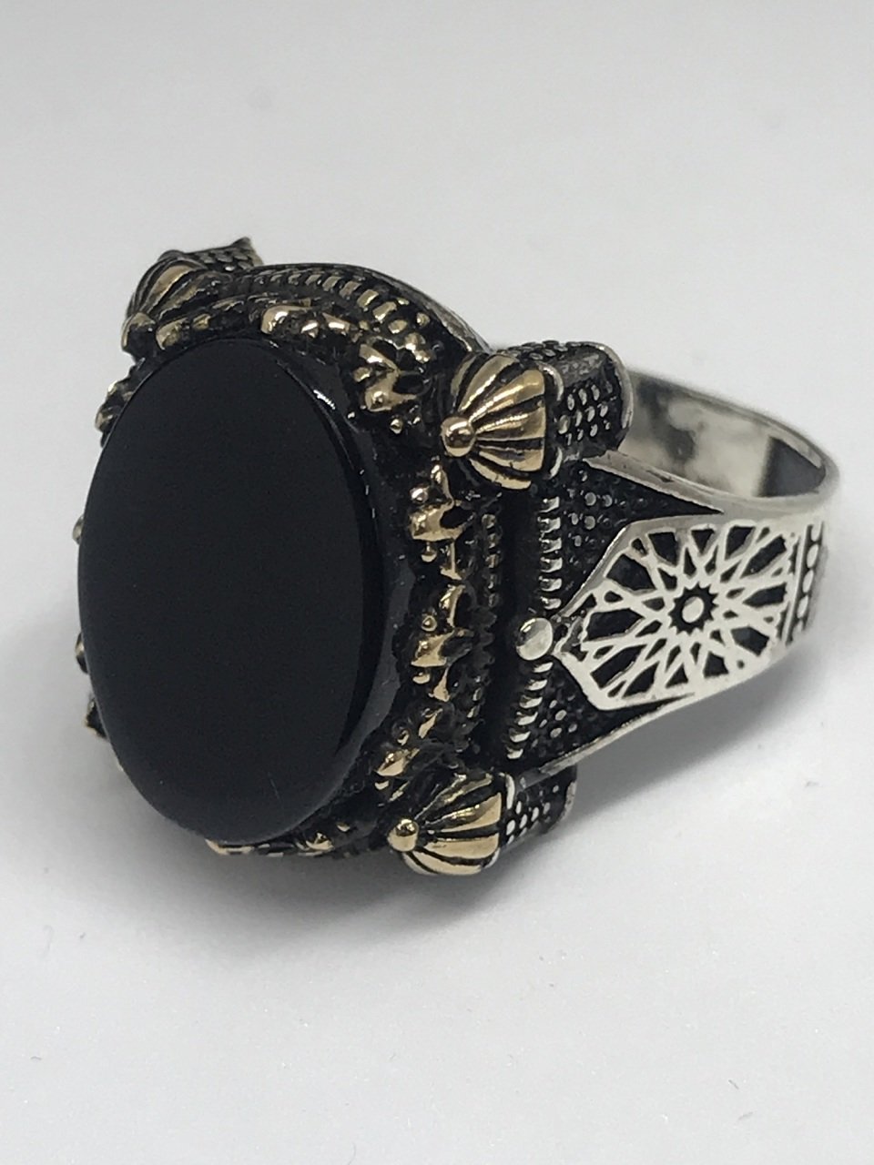 925 Ayar Gümüş Oniks Taşlı Tuğra Model Erkek Yüzük 13 cm