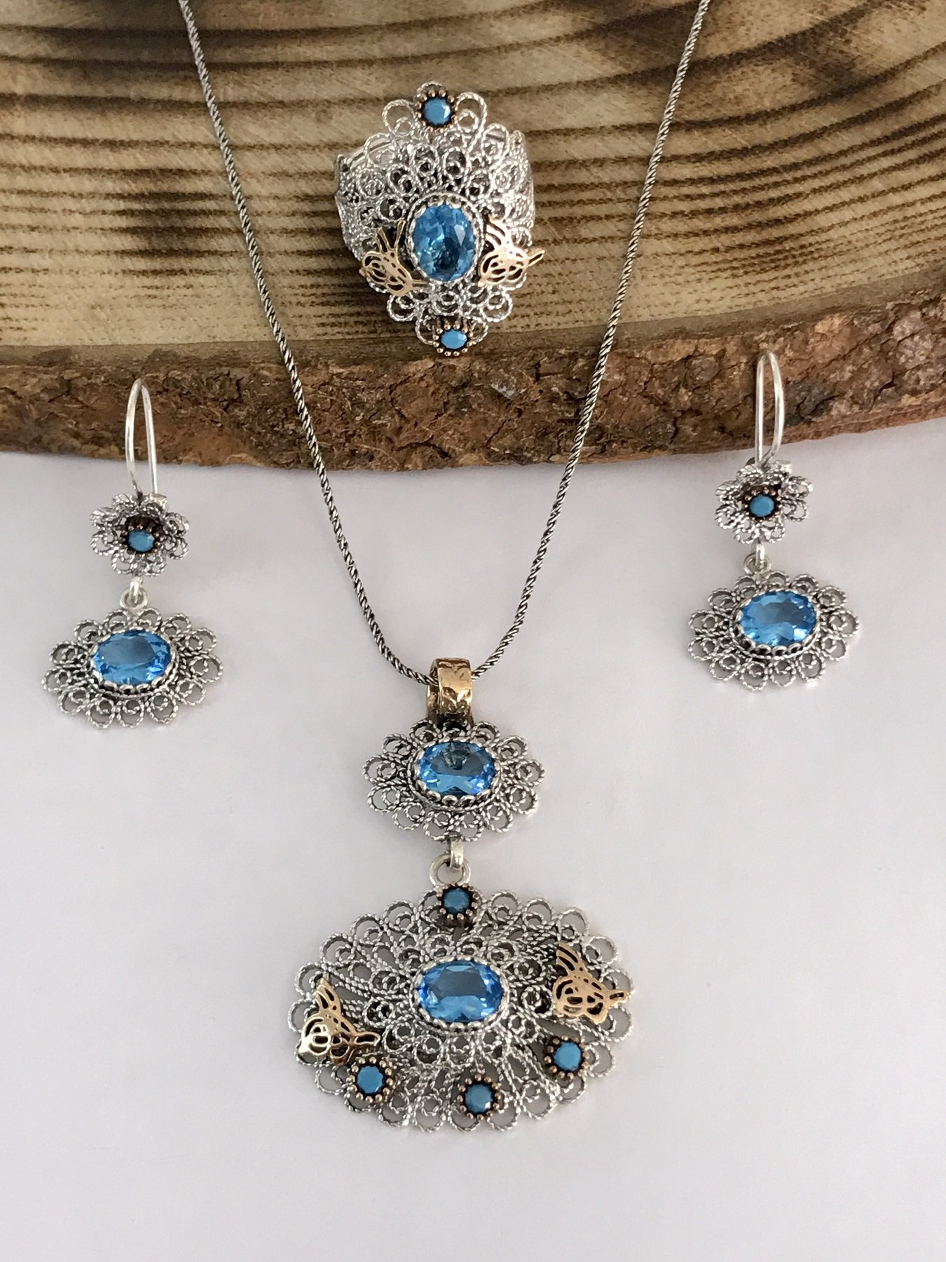 Sultan Telkari 925 Ayar Gümüş Oksitli Telkari Aqua Marin Taşlı  Üçlü Set
