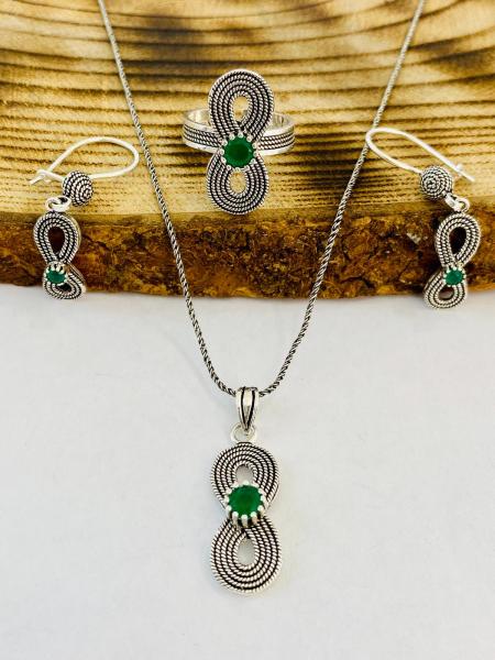 Sultan Telkari 925 Ayar Gümüş Sonsuzluk Model Oksitli Telkari Zümrüt Taşlı  Üçlü Set