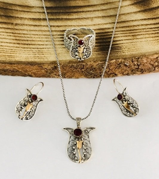 Sultan Telkari 925 Ayar Gümüş Oksitli Telkari Lale Model Üçlü Set