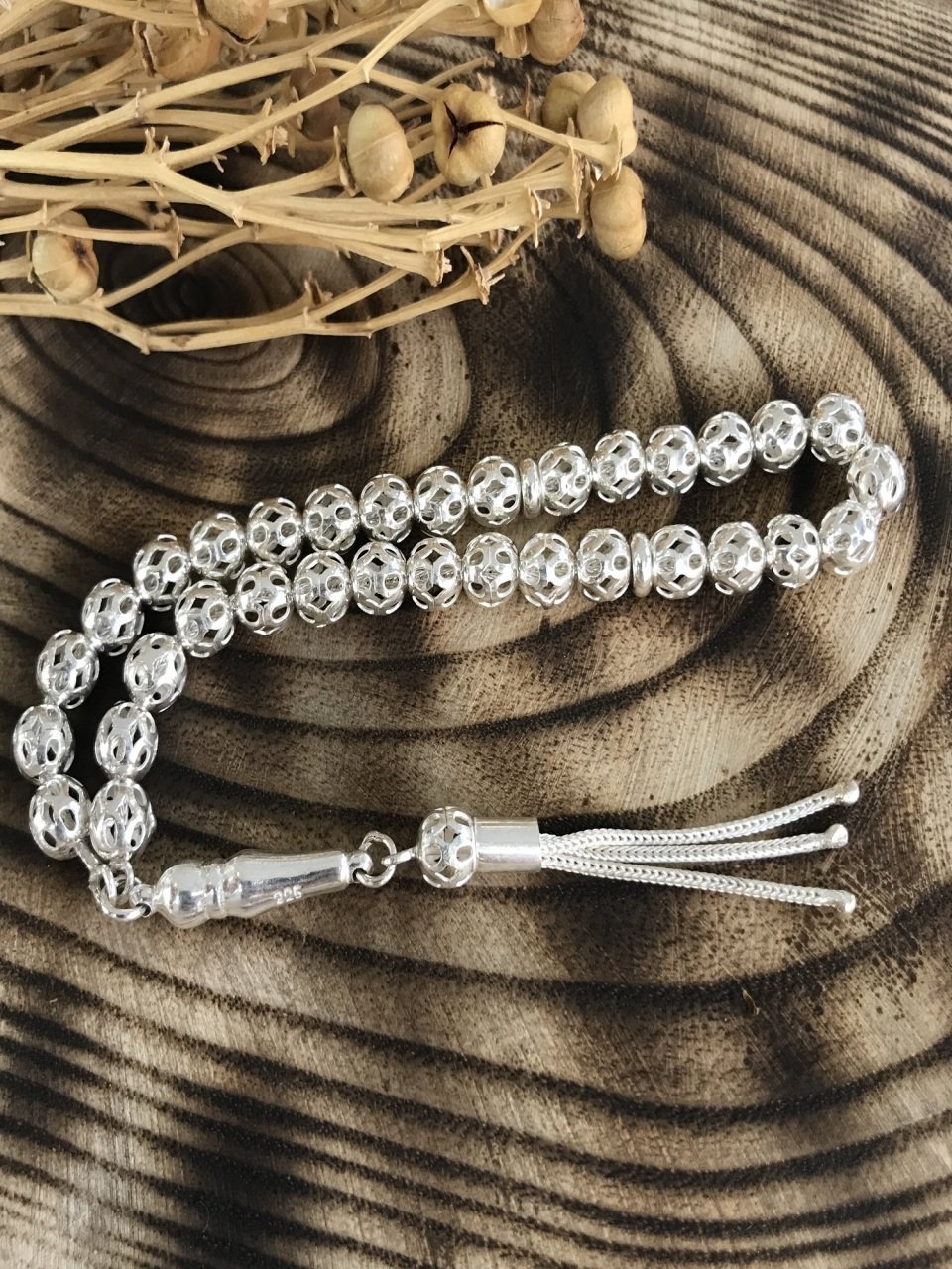 El İşi Telkâri  Model 925 Ayar Gümüş Küre Kesim Gümüş Tesbih