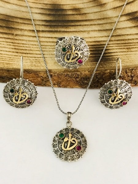 Sultan Telkari 925 Ayar Gümüş Oksitli Telkari Elif Vav Model Üçlü Set