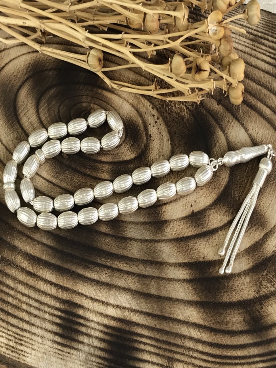 Çizgili Beyzi Kesim 925 Ayar Gümüş Tesbih