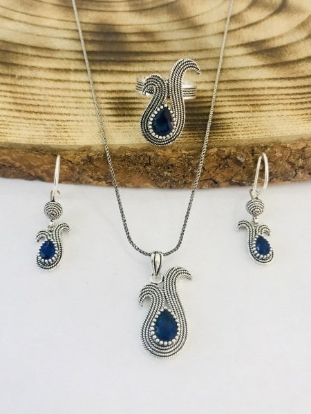 Sultan Telkari 925 Ayar Gümüş Oksitli Telkari Lale Model Üçlü Set