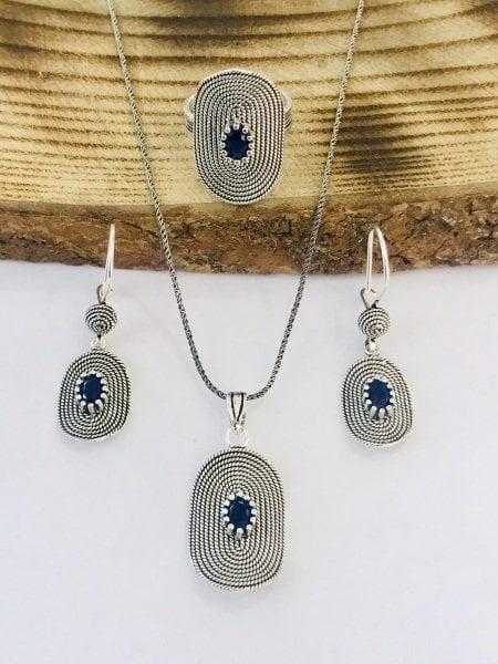 Sultan Telkari 925 Ayar Gümüş Oksitli Telkari Safir Taşlı Üçlü Set