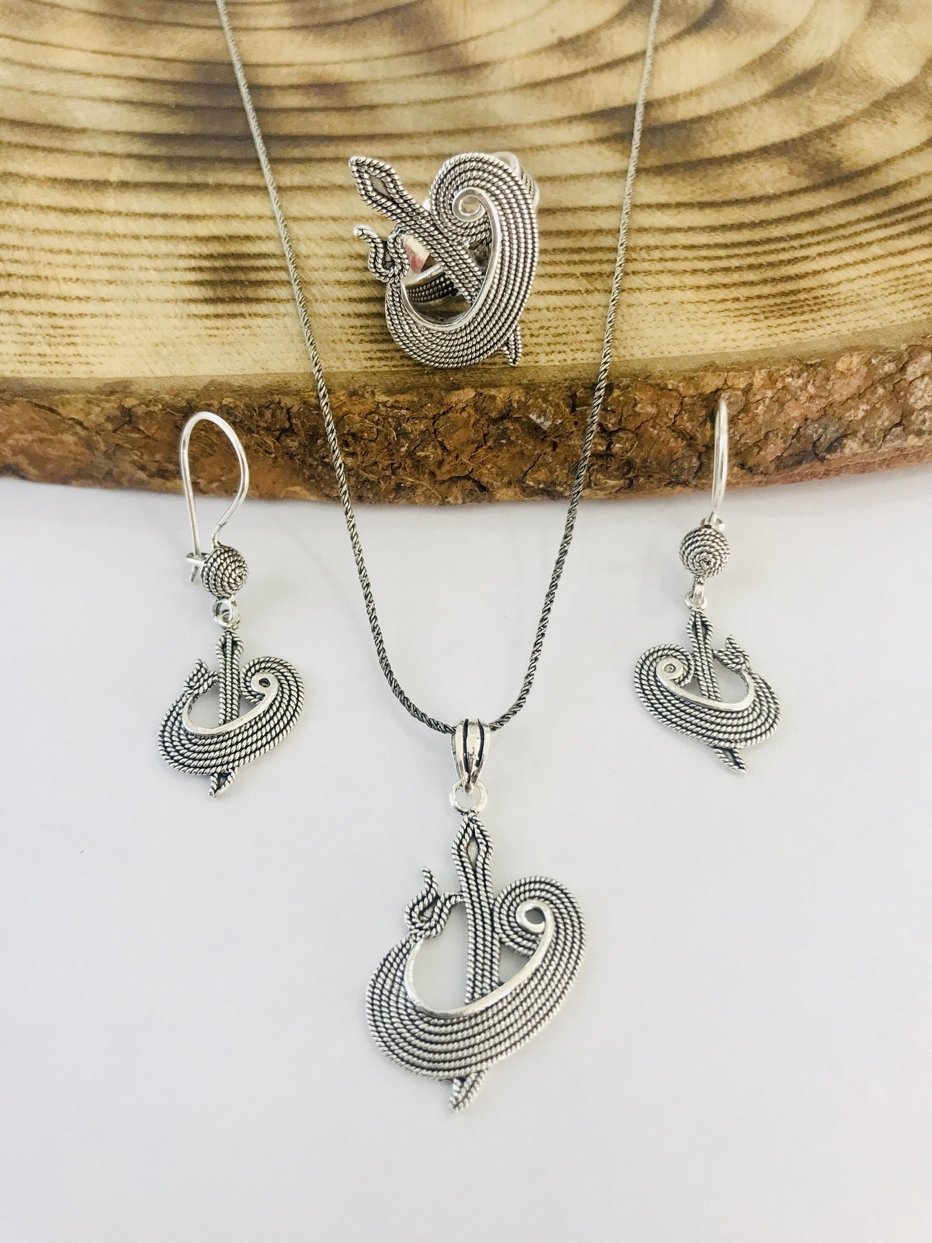 Sultan Telkari 925 Ayar Gümüş Oksitli Telkari Elif Vav Model Üçlü Set