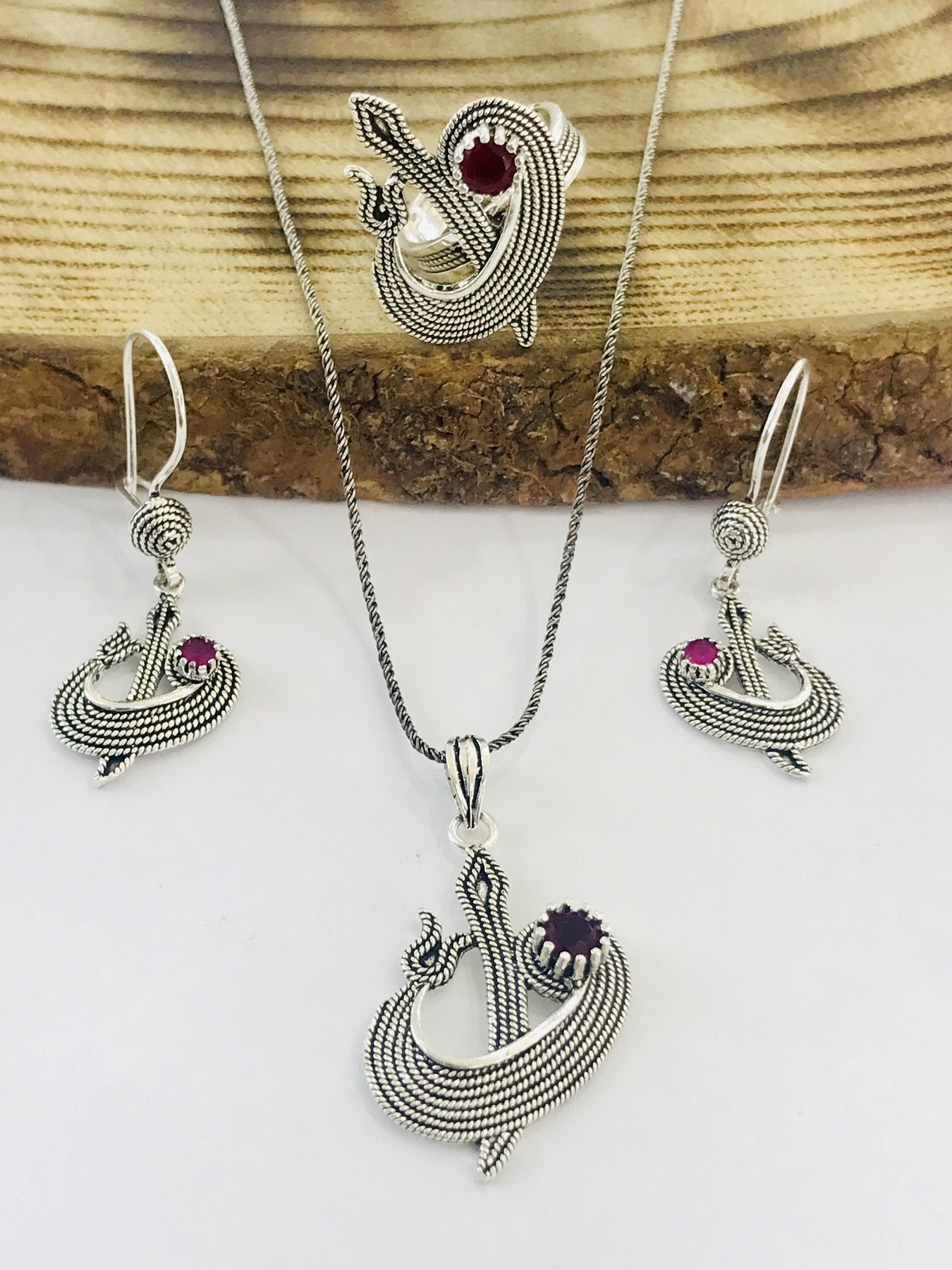 Sultan Telkari 925 Ayar Gümüş Kök Yakut Taşlı Elif Vav Model Üçlü Set