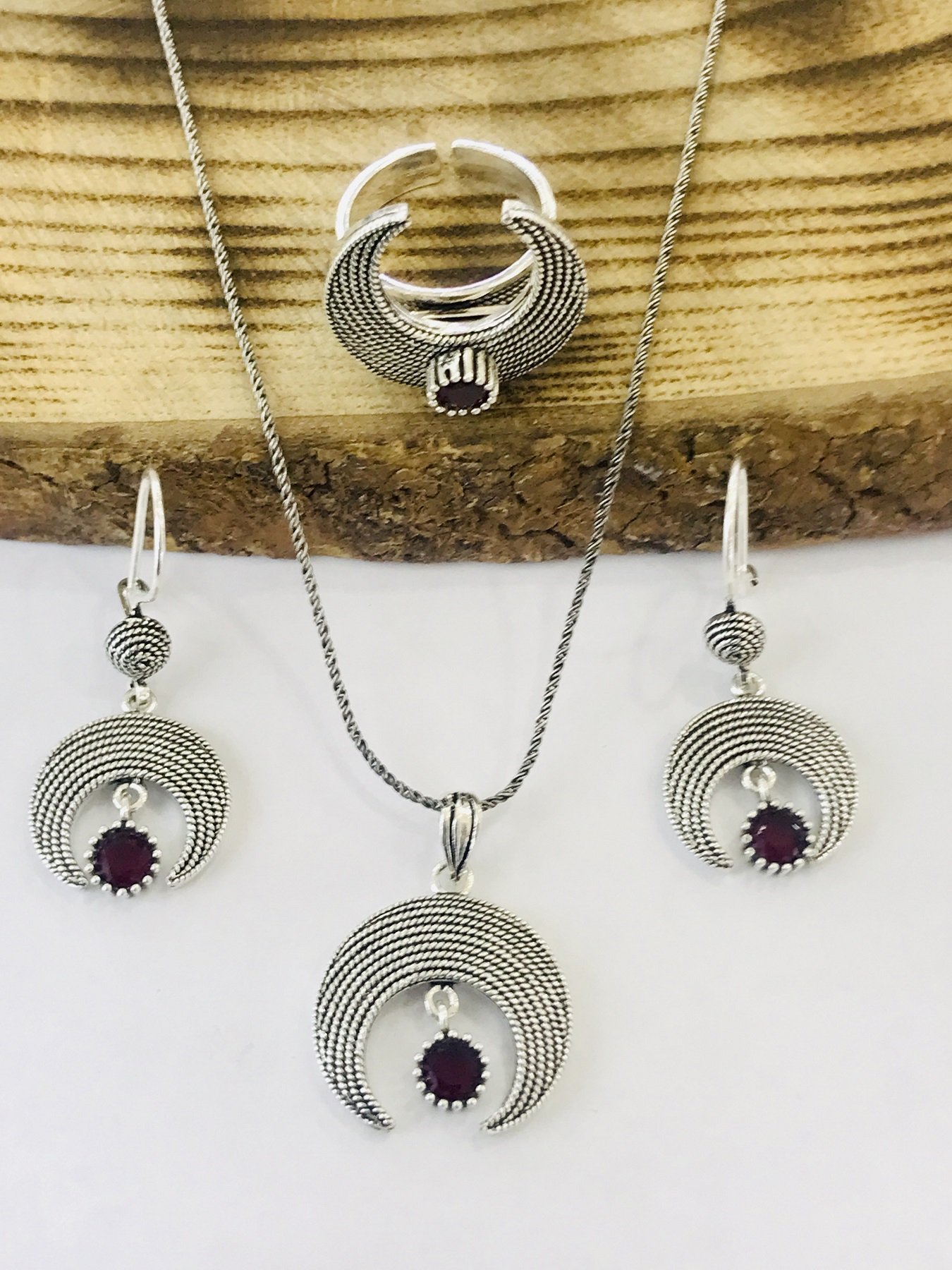 Sultan Telkari 925 Ayar Gümüş Oksitli Telkari Hilal Model Üçlü Set