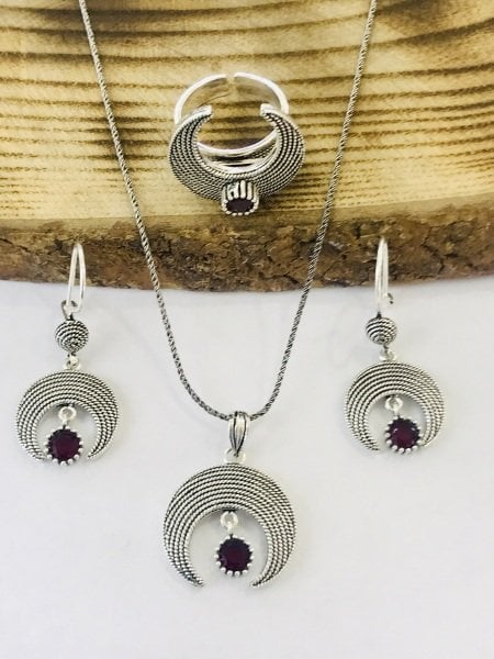Sultan Telkari 925 Ayar Gümüş Oksitli Telkari Hilal Model Üçlü Set