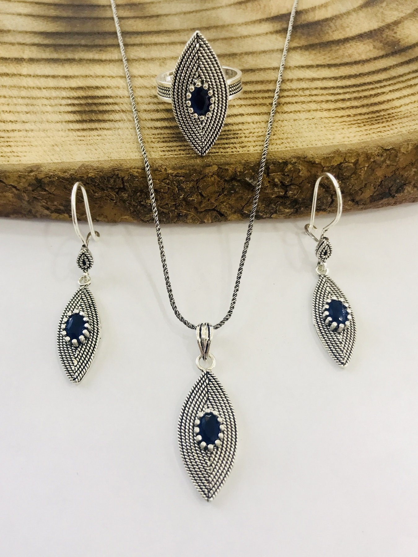 Sultan Telkari 925 Ayar Gümüş Oksitli Telkari Safir Taşlı  Üçlü Set