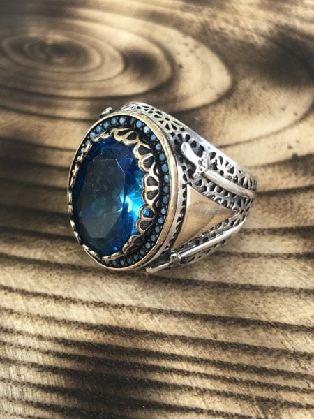 925 Ayar Gümüş Özel İşçilikli Aqua MarinTaşlı  Erkek Yüzük