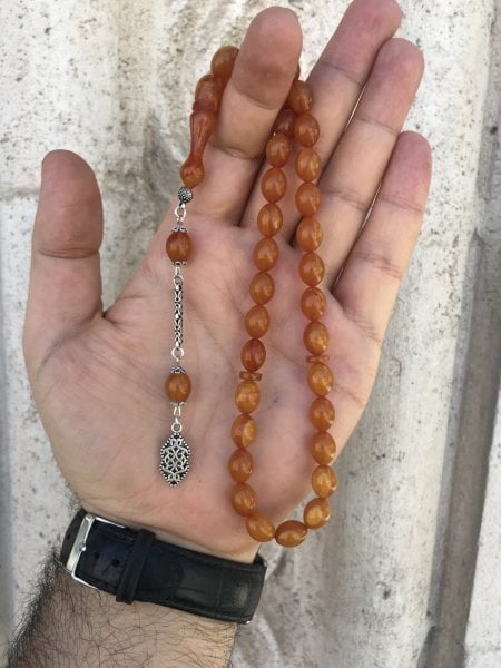 925 Ayar Saf Gümüş Beyzi Kesim Orijinal Sıkma Kehribar Tesbih
