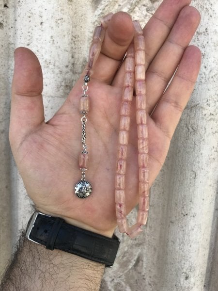 925 Ayar Gümüş Somon Renk Orijinal Sıkma Kehribar Tesbih
