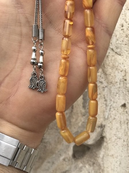 Hareli  Sarı Renk Orijinal Sıkma Kehribar Tesbih