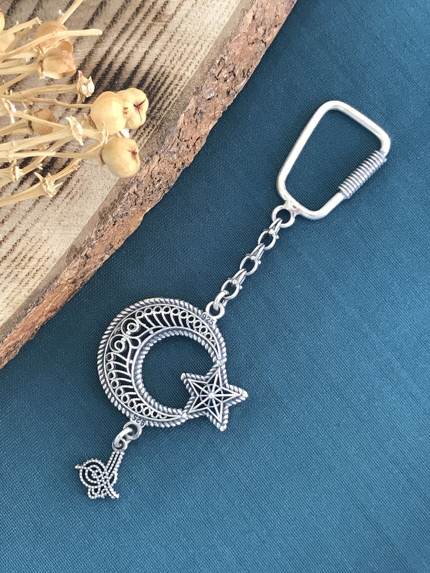 925 Ayar Gümüş Telkâri İşçilikli Ayyıldız Gümüş Anahtarlık