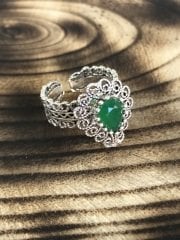 Kök Zümrüt Taşlı Telkâri İşçilikli Bayan Gümüş Yüzük