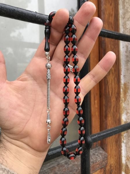 Kırmızı Sürmeli Model Beyzi Kesim Toz Kehribar Tesbih