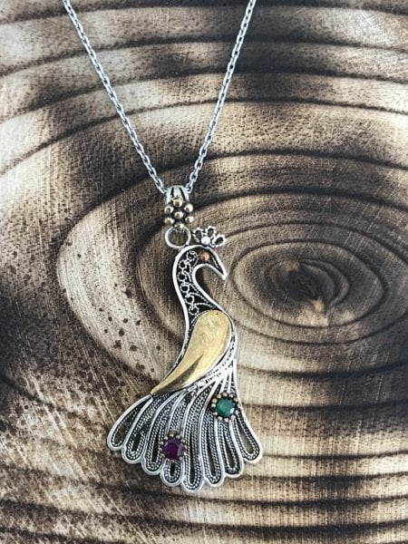 Tavus Kuşu Model 925 Ayar Gümüş Telkâri İşçilikli Bayan Kolye