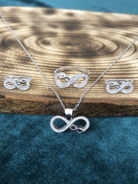 925 Ayar Gümüş Sonsuzluk Model Zirkon İşlemeli Bayan Üçlü Set