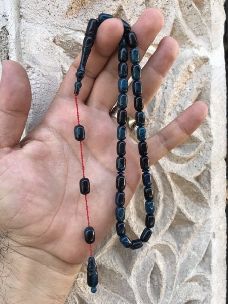 Sistem Püsküllü Hareli Mavi Tonda Orijinal Sıkma Kehribar Tesbih