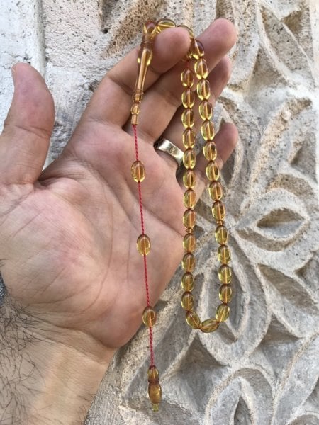 Sistem Püsküllü Sarı Tonda Orijinal Ateş Kehribar Tesbih