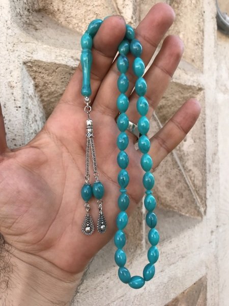 Turkuaz Taşlı Beyzi Kesim Toz Kehribar Tesbih