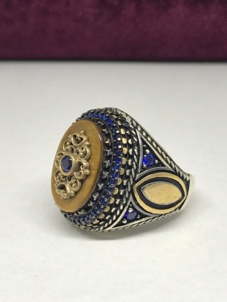 925 Ayar Gümüş Şehzade Yüzüğü Kehribar Taşlı Erkek Yüzük ST16