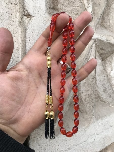 Lale Uçlu Turuncu Renk Beyzi Kesim Orijinal Ateş Kehribar Tesbih
