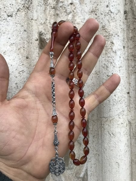 Şeffaf Kestane Renk Beyzi Kesim Orijinal Ateş Kehribar Tesbih
