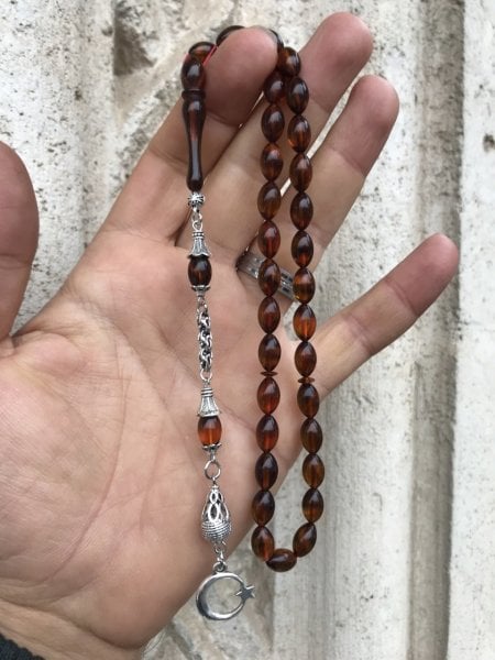 Ay Yıldız Uçlu Beyzi Kesim Orijinal Ateş Kehribar Tesbih