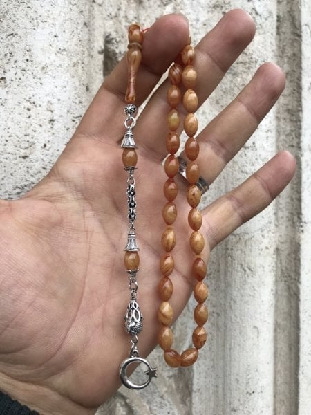 Ay Yıldız Uçlu Hareli Beyzi Kesim Orijinal Ateş Kehribar Tesbih