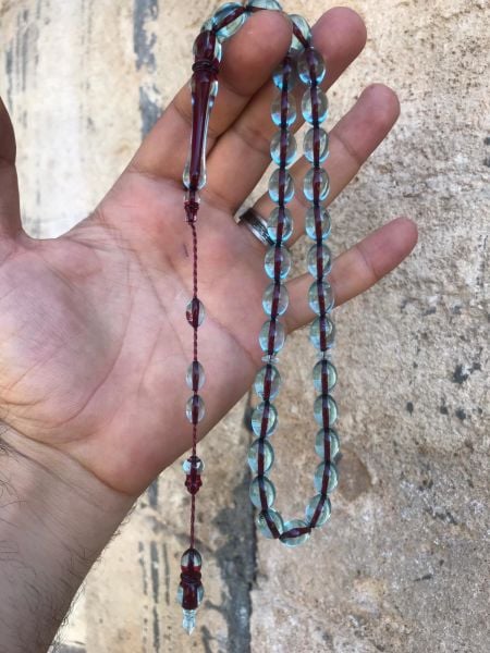 Mavi  Tonda Sistem Püsküllü Toz Kehribar Tespih