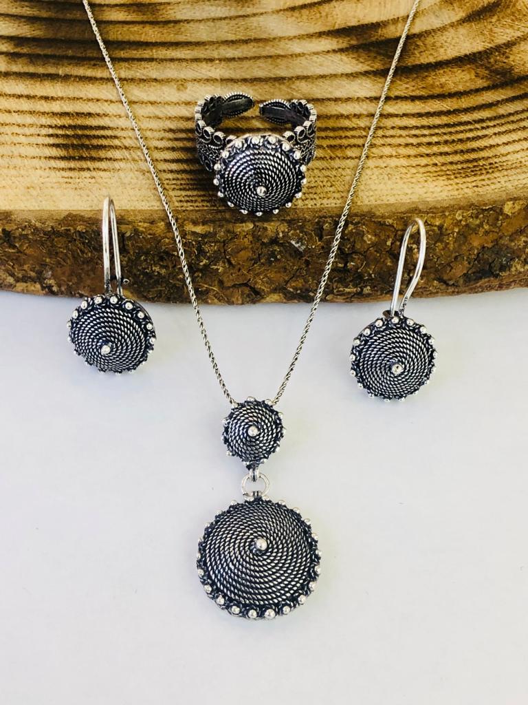 925 Ayar Gümüş Oksitli Telkari Bayan Üçlü Set